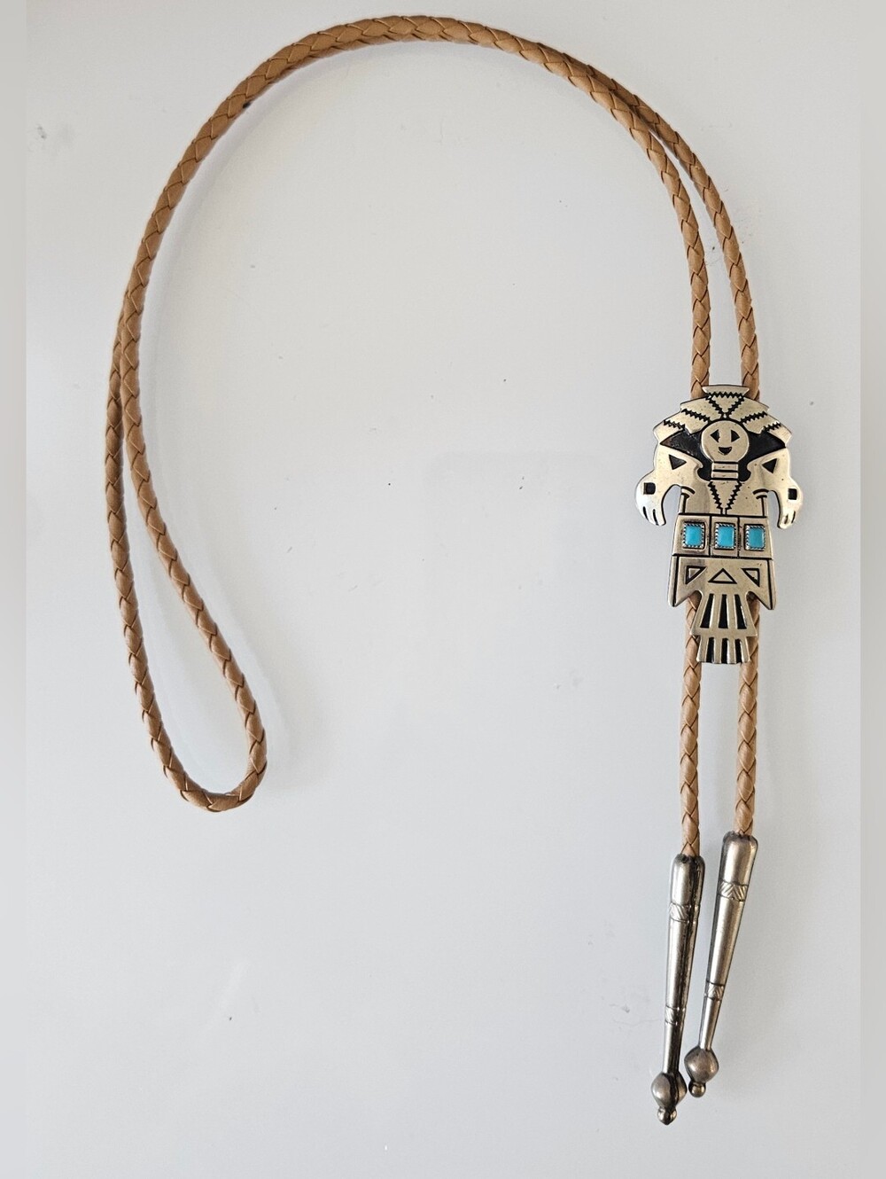 Vintage SW Native American Zuni Silver Tone w/Turquoise Stones Bolo Tie - 34”